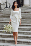 Ivoorkleurige Bodycon Midi trouwjurk met vierkante hals en mouwen