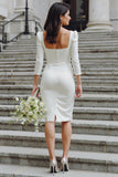 Ivoorkleurige Bodycon Midi trouwjurk met vierkante hals en mouwen