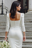 Ivoorkleurige Bodycon Midi trouwjurk met vierkante hals en mouwen