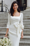 Ivoorkleurige Bodycon Midi trouwjurk met vierkante hals en mouwen
