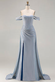 Glitterende Off The Shoulder Zeemeermin Corset Stoffig Blauw Satijn Lange Galajurk met split