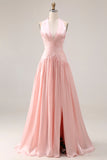 Halter blush roze A-lijn geplooide lange galajurk met split