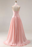 Halter blush roze A-lijn geplooide lange galajurk met split
