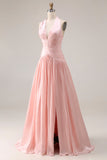 Halter blush roze A-lijn geplooide lange galajurk met split