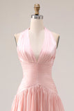Halter blush roze A-lijn geplooide lange galajurk met split