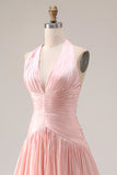 Halter blush roze A-lijn geplooide lange galajurk met split