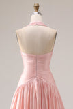 Halter blush roze A-lijn geplooide lange galajurk met split
