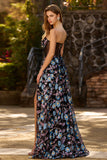 Zwarte strapless bloemenjurk A Line doorschijnend korset Lange Galajurk met split