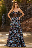 Zwarte strapless bloemenjurk A Line doorschijnend korset Lange Galajurk met split
