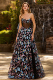 Zwarte strapless bloemenjurk A Line doorschijnend korset Lange Galajurk met split