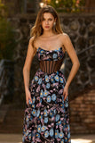 Zwarte strapless bloemenjurk A Line doorschijnend korset Lange Galajurk met split