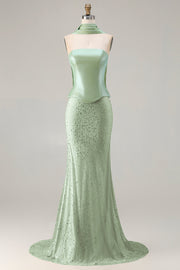 Saliegroene kralenbezette zeemeermin strapless satijnen lange galajurk met cape