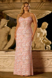 Blush roze spaghettibandjes Schede Korset lange plusmaat galajurk met applicaties