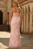 Blush roze paillettenkorset spaghettibandjes lange galajurk