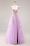 Sweetheart Lila tule A-Line appliqué lange galajurk met split