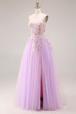Sweetheart Lila tule A-Line appliqué lange galajurk met split