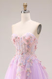 Sweetheart Lila tule A-Line appliqué lange galajurk met split