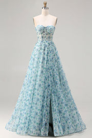 Strapless blauwe bloemen A-Line kralenversierde lange galajurk met split