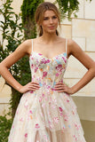 Ivoor bloem A-lijn korset met ruches lange galajurk met split