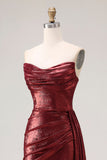Metallic bordeauxrode strapless gerimpelde zeemeermin lange galajurk met split