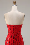 Glinsterende rode strapless zeemeermin paillette lange galajurk met split