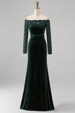 Plusmaat donkergroene fluwelen kantjurk met off-the-shoulder formele jurk met lange mouwen