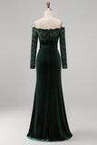 Plusmaat donkergroene fluwelen kantjurk met off-the-shoulder formele jurk met lange mouwen