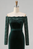 Plusmaat donkergroene fluwelen kantjurk met off-the-shoulder formele jurk met lange mouwen