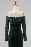 Plusmaat donkergroene fluwelen kantjurk met off-the-shoulder formele jurk met lange mouwen