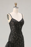 Glinsterende zwarte zeemeermin-korsetkralen, pailjetruche, lange galajurk met split