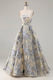 Stoffig blauw bloemen strapless korset, een lange galajurk met split
