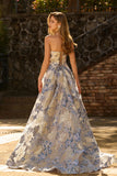 Strapless stoffig blauw korset Een lijn bloemenbrokaat lange galajurk met split