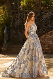 Strapless stoffig blauw korset Een lijn bloemenbrokaat lange galajurk met split