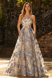 Strapless stoffig blauw korset Een lijn bloemenbrokaat lange galajurk met split