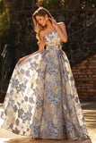 Strapless stoffig blauw korset Een lijn bloemenbrokaat lange galajurk met split