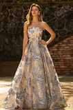 Strapless stoffig blauw korset Een lijn bloemenbrokaat lange galajurk met split