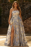 Stoffig blauw bloemen strapless korset, een lange galajurk met split