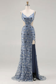 Zeemeermin Stoffige Blauwe Pailletten Met Kralenknip Lange Prom Jurk met split