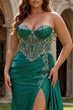 Mintgroene Sweetheart Zeemeermin met kralen bezette lange plusmaat galajurk met split