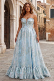 Strapless A-lijn lichtblauw korset Jacquard lange galajurk met split