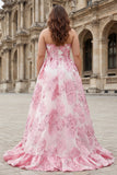 Strapless A-lijn lichtblauw korset Jacquard lange galajurk met split