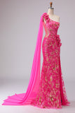 Fuchsia zeemeermin korset met één schouder uitgesneden streamer lange galajurk met split