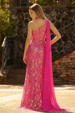 Fuchsia zeemeermin korset met één schouder uitgesneden streamer lange galajurk met split