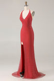 Rode halter-kralenbezette zeemeermin lange galajurk met split