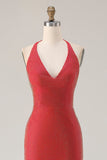Rode halter-kralenbezette zeemeermin lange galajurk met split
