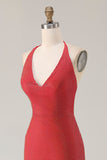 Rode halter-kralenbezette zeemeermin lange galajurk met split