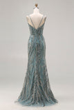 Glinsterende grijsgroene zeemeermin met pailletten lange galajurk