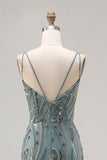 Glinsterende grijsgroene zeemeermin met pailletten lange galajurk