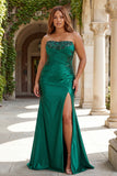 Donkergroene zeemeermin pailletten strapless gerimpelde lange galajurk met split