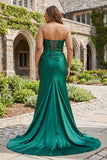 Donkergroene zeemeermin pailletten strapless gerimpelde lange galajurk met split